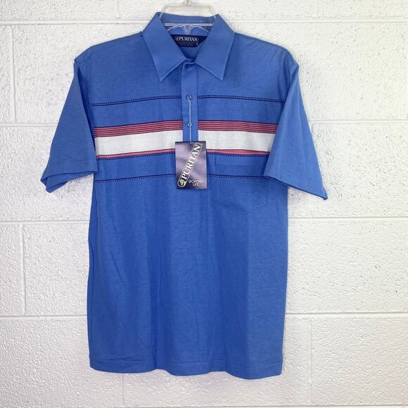 Vintage Puritan Polo Short Sleeve Shirt Mens M Blue White Pink Striped NWT - Picture 1 of 10